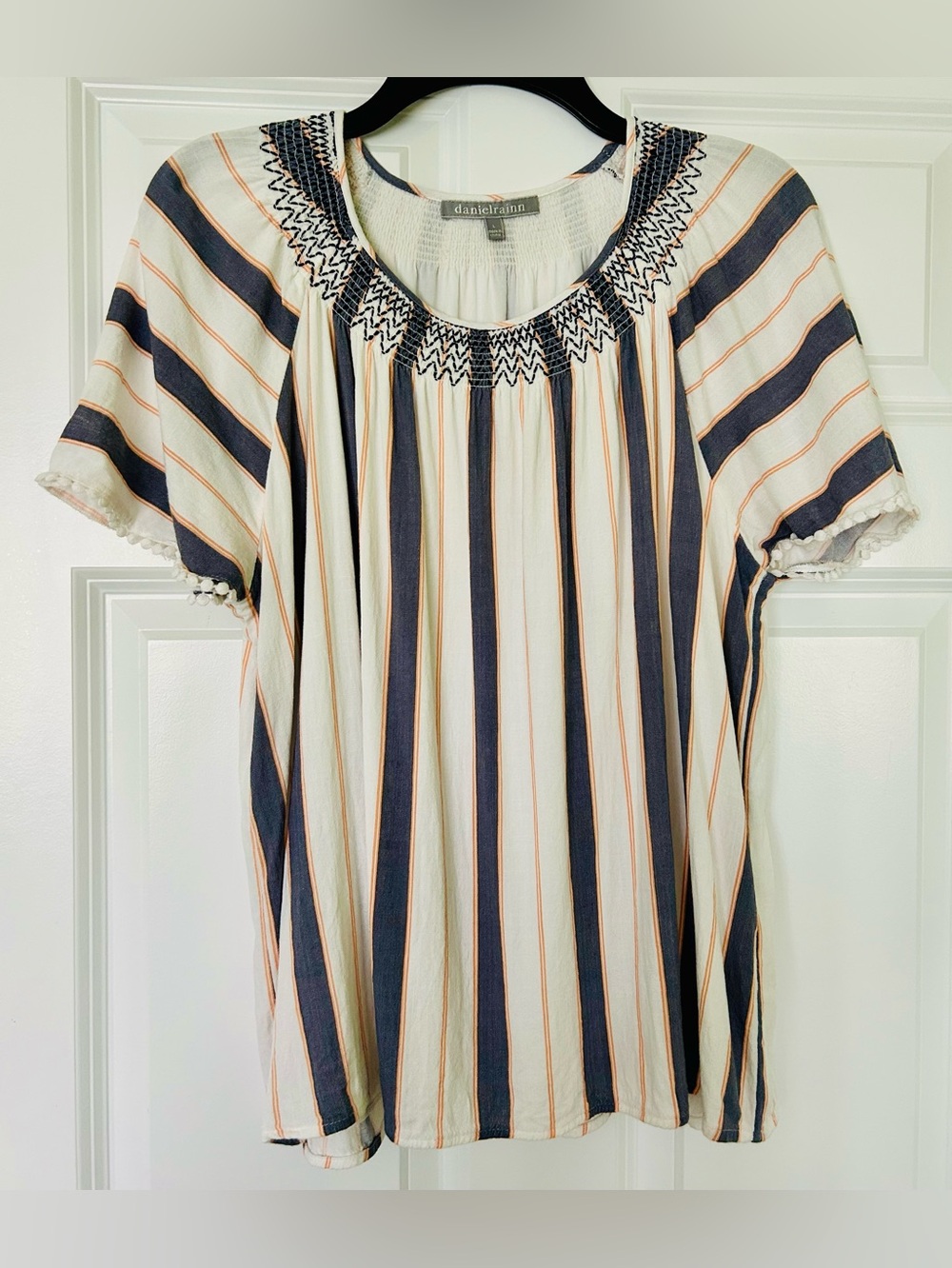 Daniel Rainn Cream Navy and Orange Stripe Smocked Neck Top